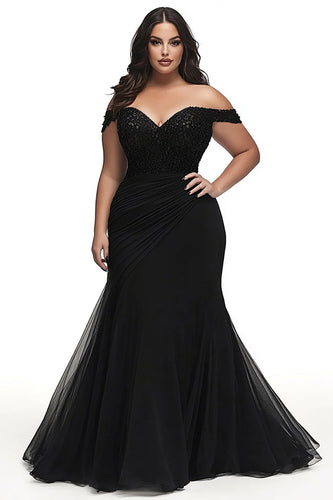 Black Mermaid Off the Shoulder Plus Size Prom Dress with Appliques
