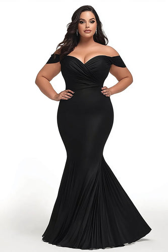 Black Mermaid Satin Off the Shoulder Ruched Plus Size Prom Dress