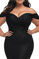 Load image into Gallery viewer, Black Mermaid Satin Off the Shoulder Ruched Plus Size Prom Dress
