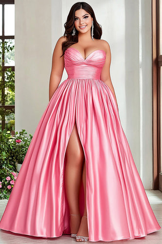 Pink A Line Strapless Pleated Plus Size Prom Dress with Slit
