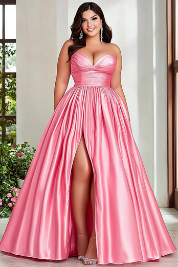 Pink A Line Strapless Pleated Plus Size Prom Dress with Slit