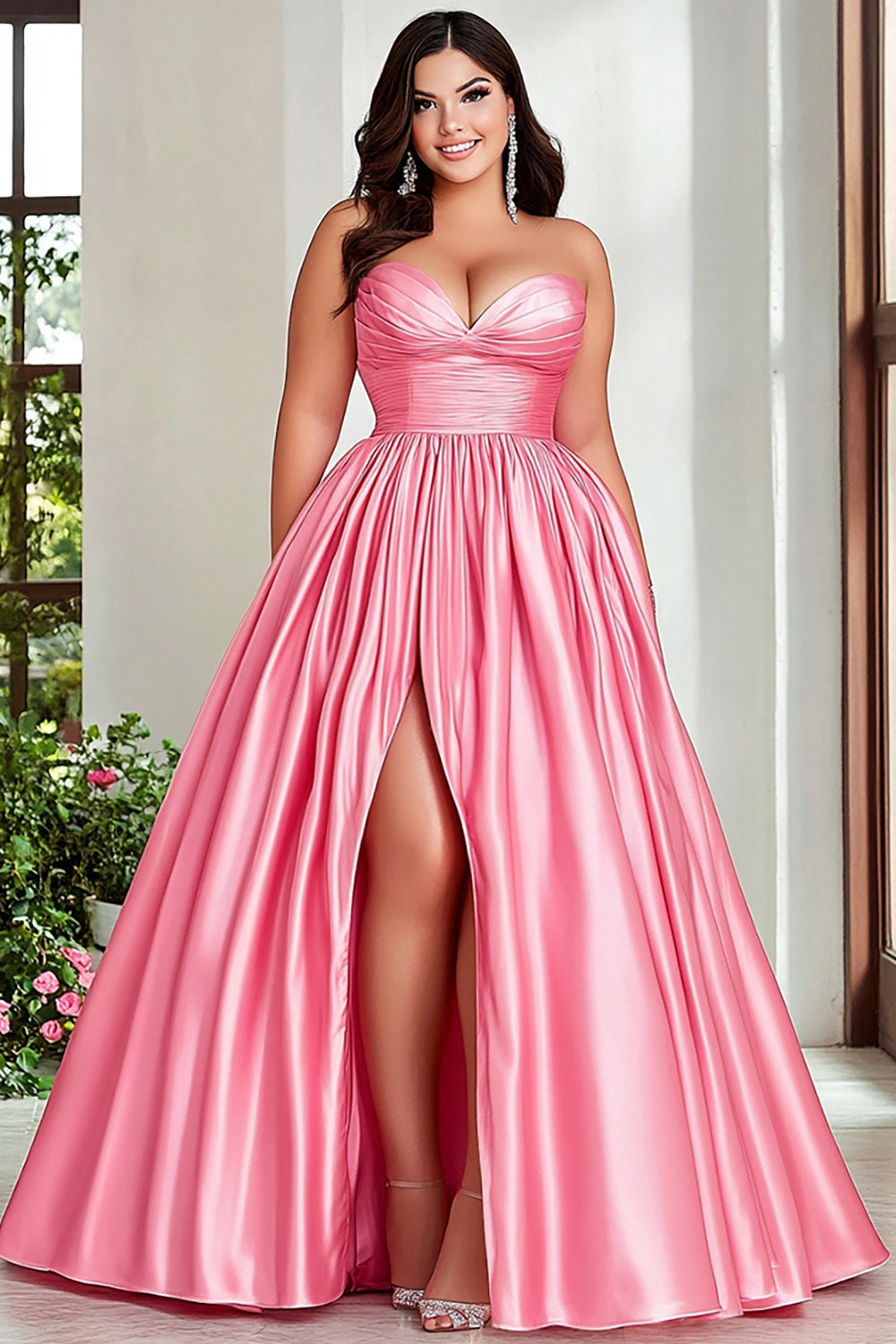 Pink A Line Strapless Pleated Plus Size Prom Dress with Slit