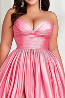 Load image into Gallery viewer, Pink A Line Strapless Pleated Plus Size Prom Dress with Slit