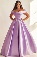 Load image into Gallery viewer, Simple Lilac A Line Satin Off the Shoulder Plus Size Prom Dress