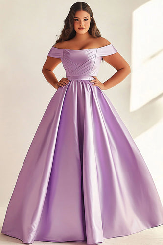 Simple Lilac A Line Satin Off the Shoulder Plus Size Prom Dress