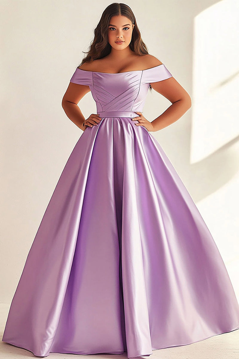 Load image into Gallery viewer, Simple Lilac A Line Satin Off the Shoulder Plus Size Prom Dress