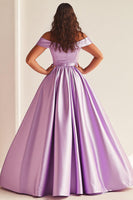Load image into Gallery viewer, Simple Lilac A Line Satin Off the Shoulder Plus Size Prom Dress