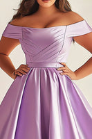 Load image into Gallery viewer, Simple Lilac A Line Satin Off the Shoulder Plus Size Prom Dress