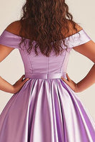 Load image into Gallery viewer, Simple Lilac A Line Satin Off the Shoulder Plus Size Prom Dress