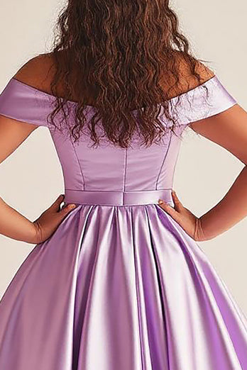 Simple Lilac A Line Satin Off the Shoulder Plus Size Prom Dress