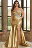 Load image into Gallery viewer, Gold A Line Satin Strapless Plus Size Prom Dress with Slit