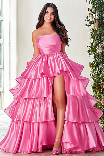 Pink Satin A Line Tiered Strapless Plus Size Prom Dress with Slit