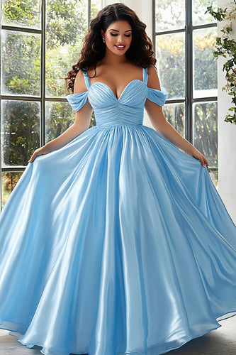 Sky Blue Cold Shoulder Satin A Line Plus Size Prom Dress