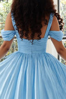Load image into Gallery viewer, Sky Blue Cold Shoulder Satin A Line Plus Size Prom Dress