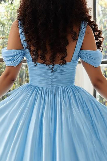 Sky Blue Cold Shoulder Satin A Line Plus Size Prom Dress