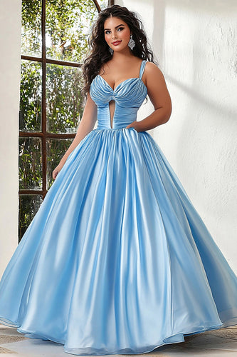 Sky Blue Keyhole Spaghetti Straps Ruched A Line Plus Size Prom Dress