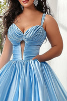 Load image into Gallery viewer, Sky Blue Keyhole Spaghetti Straps Ruched A Line Plus Size Prom Dress