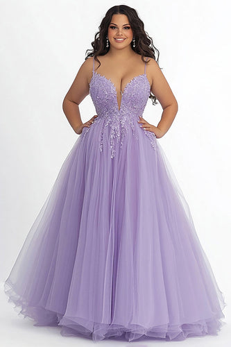 Lilac A Line Appliqued Spaghetti Straps Long Prom Dress