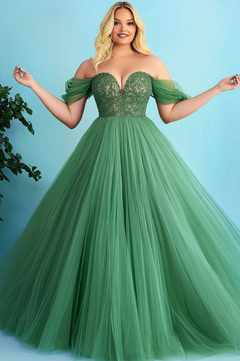 Green Off the Shoulder A Line Long Prom Dress with Appliques