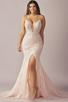 Load image into Gallery viewer, Pink Lace Mermaid Spaghetti Straps Long Prom Dress with Slit
