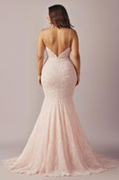 Load image into Gallery viewer, Pink Lace Mermaid Spaghetti Straps Long Prom Dress with Slit