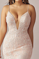 Load image into Gallery viewer, Pink Lace Mermaid Spaghetti Straps Long Prom Dress with Slit