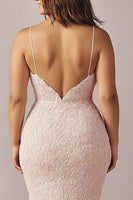Load image into Gallery viewer, Pink Lace Mermaid Spaghetti Straps Long Prom Dress with Slit