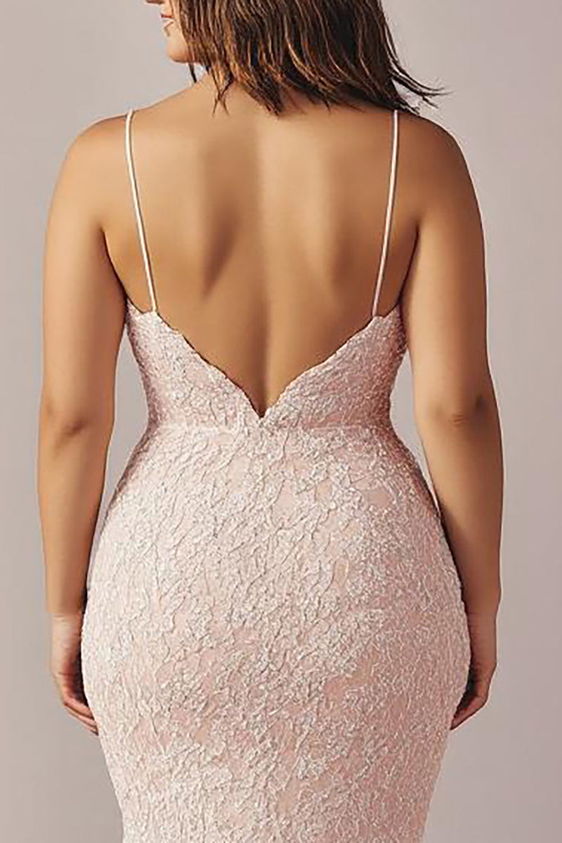 Load image into Gallery viewer, Pink Lace Mermaid Spaghetti Straps Long Prom Dress with Slit