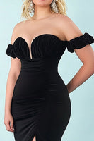 Load image into Gallery viewer, Black Mermaid Satin Off the Shoulder Plus Size Prom Dress with Slit