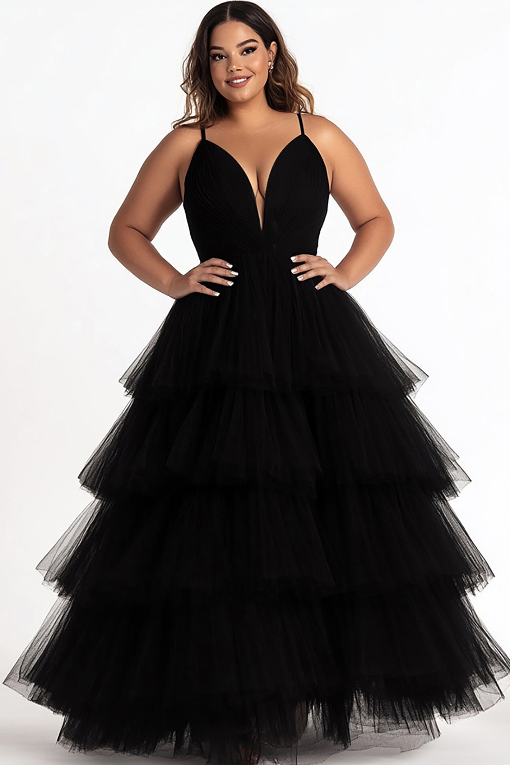 Simple Black Tiered Spaghetti Straps A Line Plus Size Prom Dress