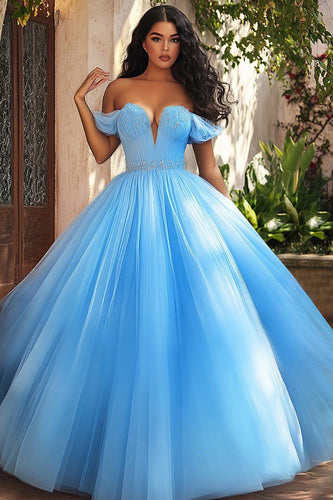 Sky Blue Off the Shoulder Ruched Ball Gown Plus Size Prom Dress