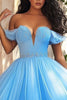 Load image into Gallery viewer, Sky Blue Off the Shoulder Ruched Ball Gown Plus Size Prom Dress
