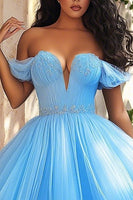 Load image into Gallery viewer, Sky Blue Off the Shoulder Ruched Ball Gown Plus Size Prom Dress