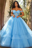 Load image into Gallery viewer, Sky Blue Ball Gown Tiered Off the Shoulder Plus Size Prom Dress