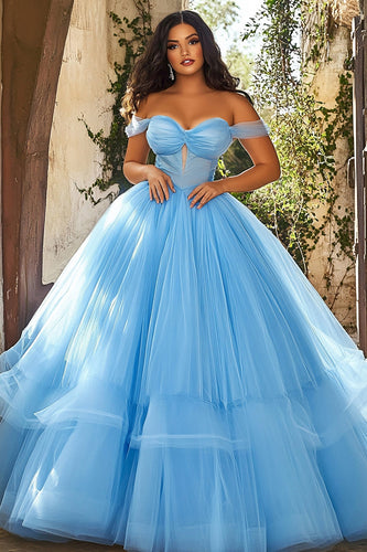 Sky Blue Ball Gown Tiered Off the Shoulder Plus Size Prom Dress