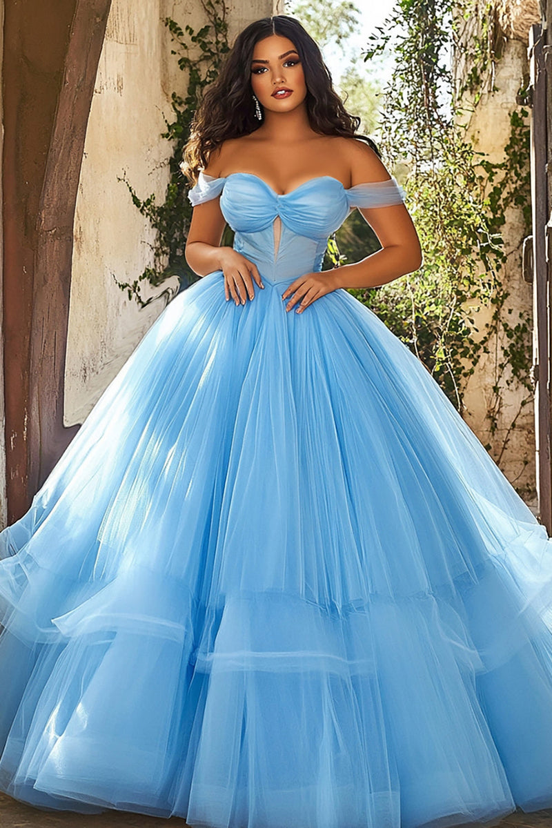Load image into Gallery viewer, Sky Blue Ball Gown Tiered Off the Shoulder Plus Size Prom Dress