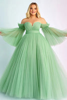 Load image into Gallery viewer, Green A Line Pleated Off the Shoulder Long Plus Size Prom Dress