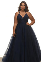 Load image into Gallery viewer, Navy A Line Plus Size Halter Neck Appliqued Long Prom Dress