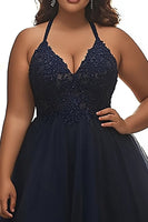 Load image into Gallery viewer, Navy A Line Plus Size Halter Neck Appliqued Long Prom Dress