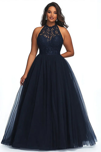 A Line Navy Illusion Neck Long Plus Size Prom Dress with Appliques