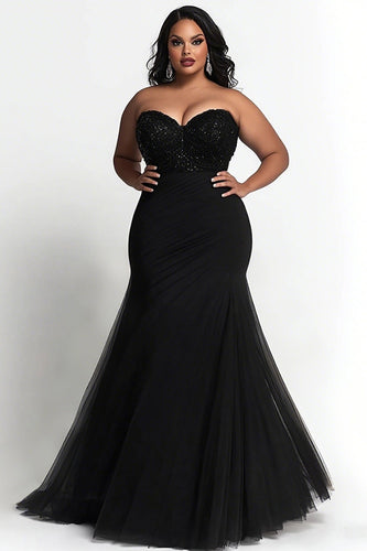 Simple Black Strapless Mermaid Plus Size Prom Dress