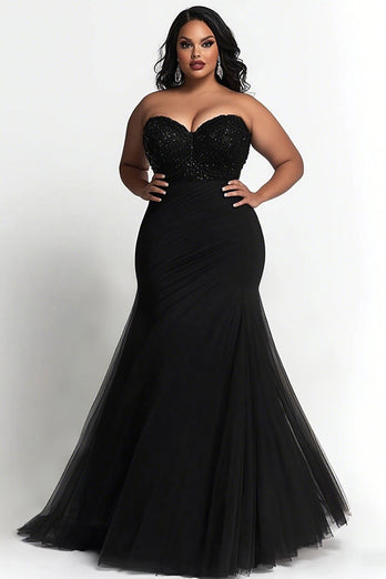 Simple Black Strapless Mermaid Plus Size Prom Dress