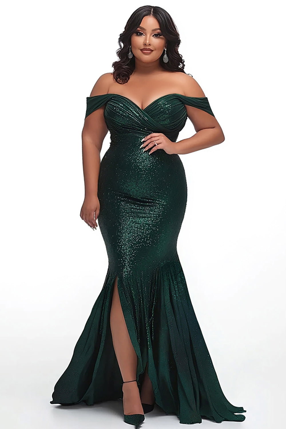 Dark Green Off the Shoulder Mermaid Plus Size Ruched Prom Dress with Slit