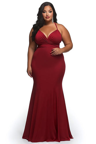 Red Satin Spaghetti Straps Sheath Ruched Plus Size Prom Dress