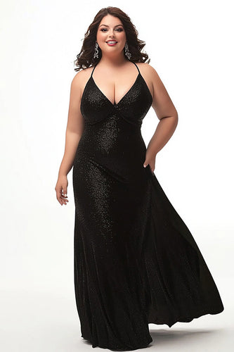 Simple Black Halter Sheath Plus Size Prom Dress with Sequins