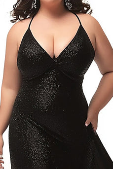 Simple Black Halter Sheath Plus Size Prom Dress with Sequins