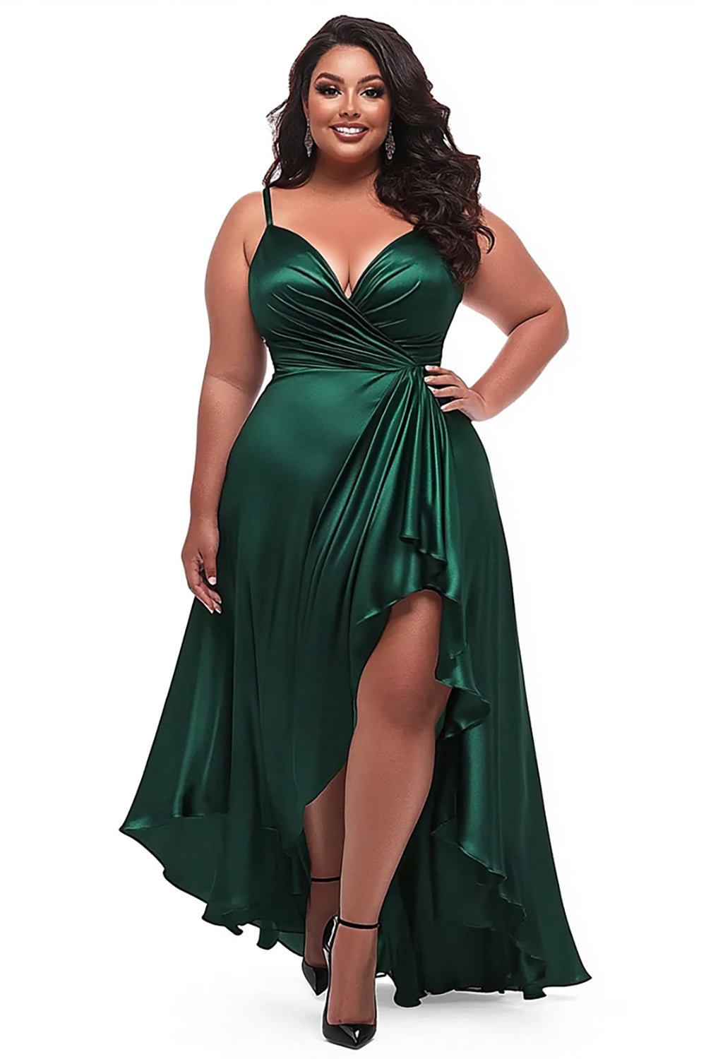 Dark Green Satin Spaghetti Straps Plus Size Ruched Prom Dress
