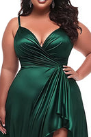Load image into Gallery viewer, Dark Green Satin Spaghetti Straps Plus Size Ruched Prom Dress