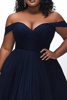 Navy Off the Shoulder Ruched A Line Plus Size Prom Dress