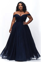 Load image into Gallery viewer, Navy Off the Shoulder Ruched A Line Plus Size Prom Dress